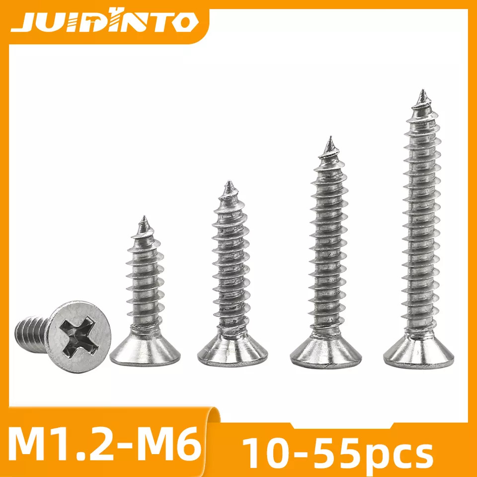 JUIDINTO 10-55pcs Croos Flat Head Self Tapping Screw M1.2 M1.4 M1.7 M2
